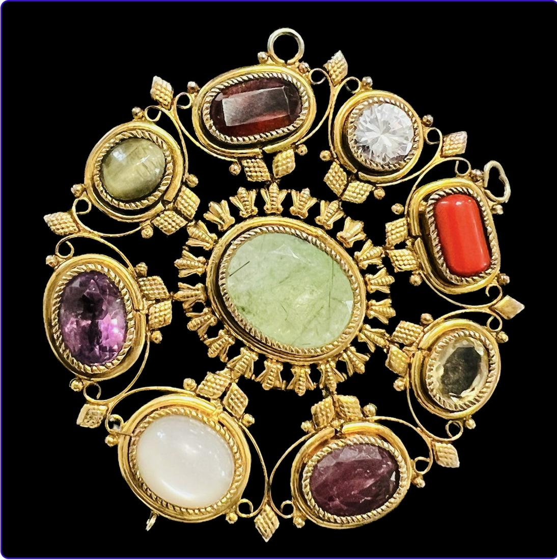 Indian Mughal Style Ornament with Precious stone.: Indian Mughal Style Ornament with Precious stone. Size 3 1/8 inches diameter. Fine brass round ornament with mixed colors Precious stone.