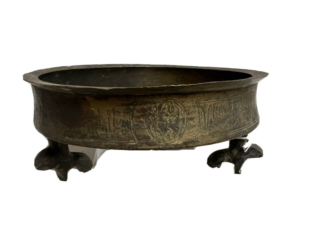 Ancient Islamic Seljuk Bronze Footed Dish c.9th century AD. Size 7 1/4 inches diameter, 1 1/4 high. (1 of 4)