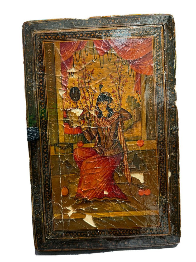 Islamic Persian Qajar Papier Mache Mirror c.19th century.: Islamic Persian Qajar Papier Mache Mirror c.19th century. Size 8 x 5 1/84 inches. Fine Papier Mache Mirror case with young female figure and birds decoration.