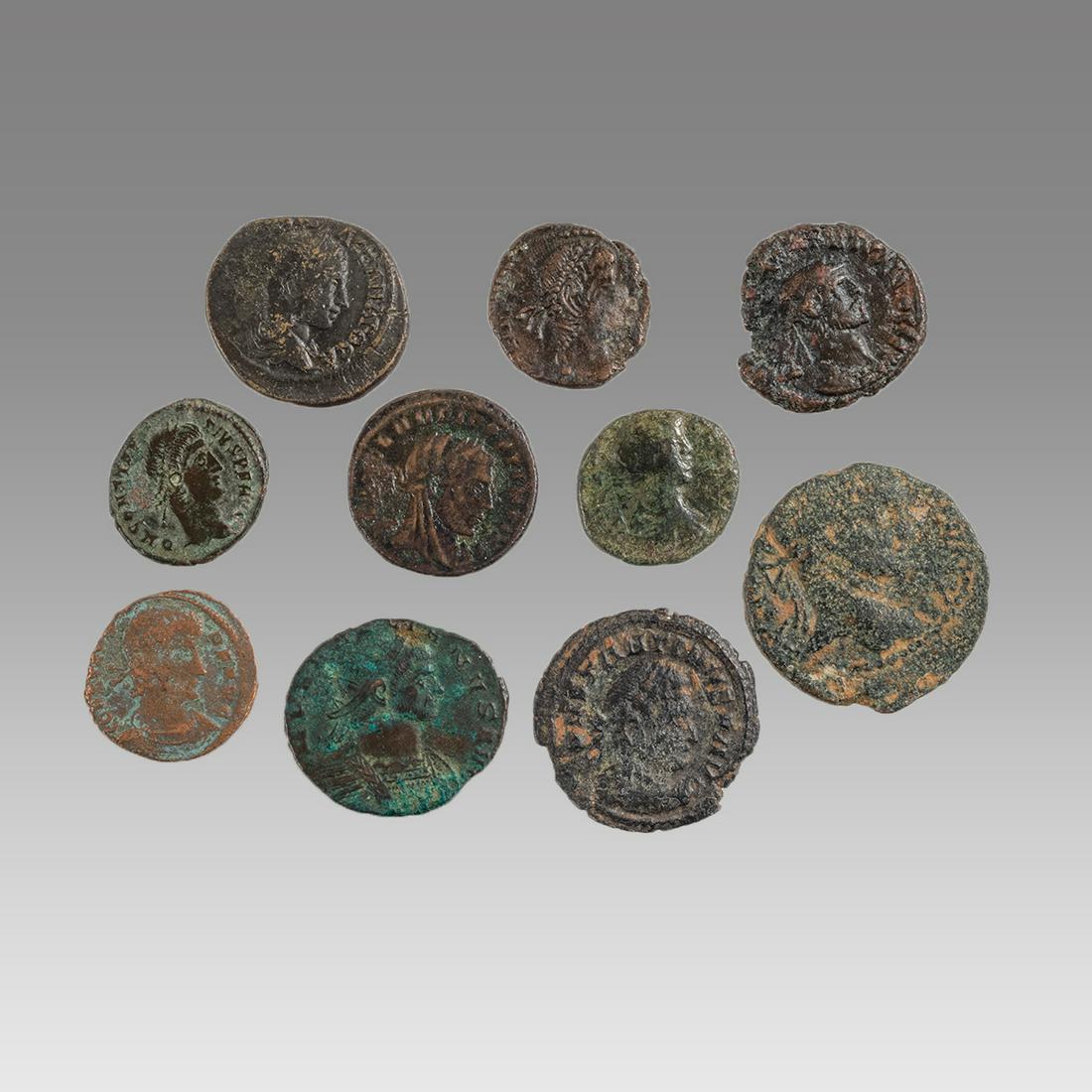 Lot of 10 Attributed Ancient Roman Bronze coins c.2nd-3rd century AD. (1 of 2)