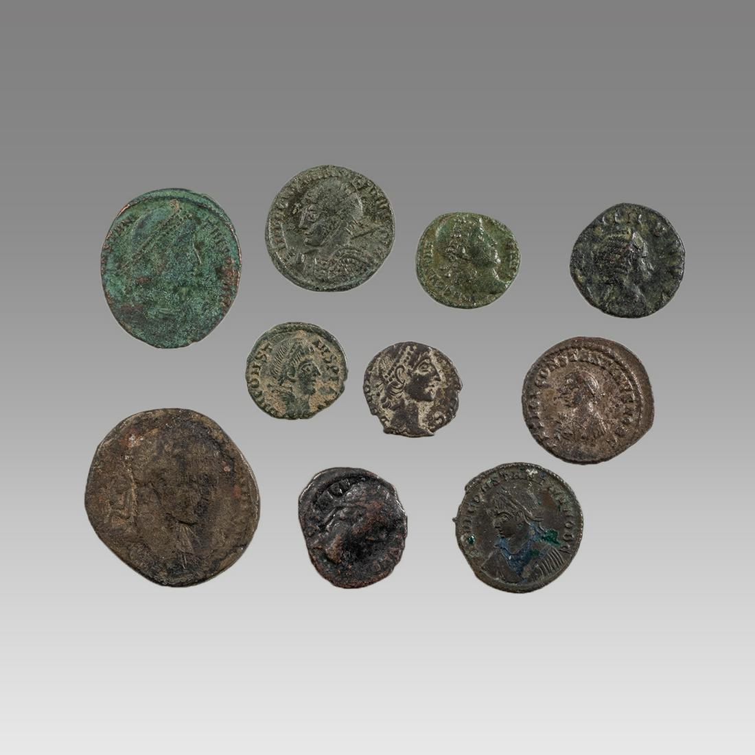 Lot of 10 Attributed Ancient Roman Bronze coins c.2nd-3rd century AD. (1 of 2)