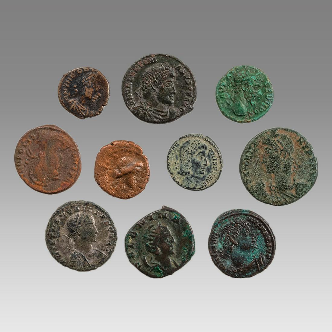Lot of 10 Attributed Ancient Roman Bronze coins c.2nd-3rd century AD. (1 of 2)