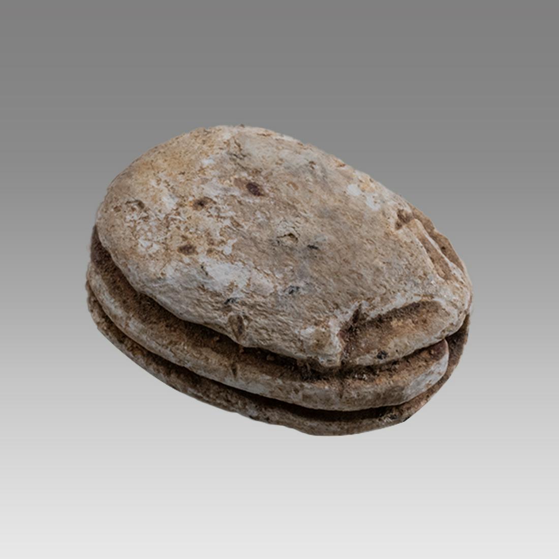 Ancient Egyptian Steatite stone Scarab c.1500-1100 BCE.: Ancient Egyptian Steatite stone Scarab c.1500-1100 BCE. Size 18 x 14 mm. Glazed steatite scarab New Kingdom with stealized beatle back. Provenance: Ex Secret Eyes Gallery New York 1970's-1980's.