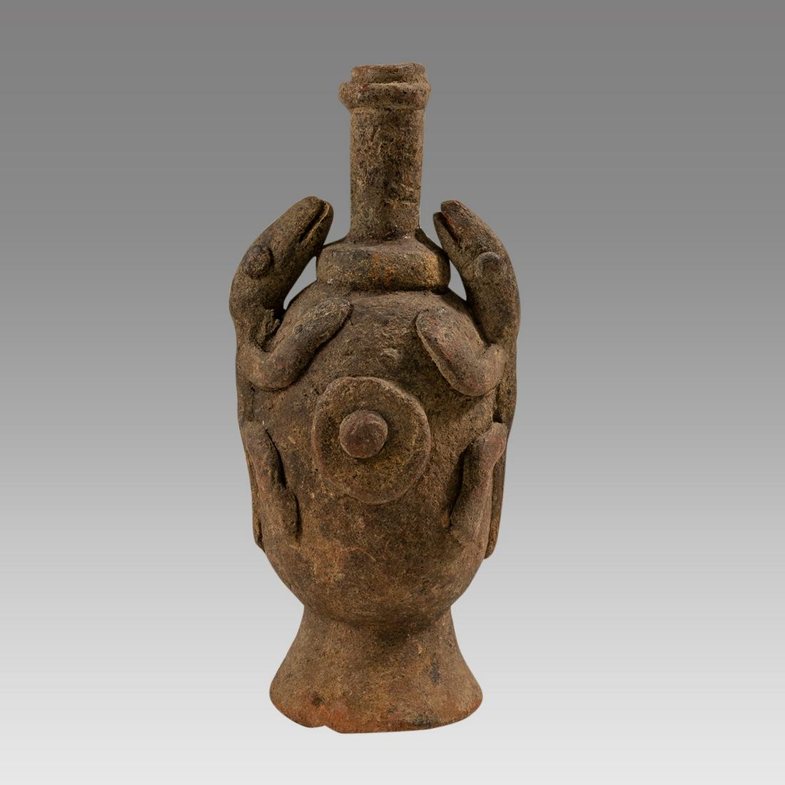 Costa Rica of Maya Pottery Bottle Ca. 500-1000 A.D.: Costa Rica of Maya Pottery Bottle Ca. 500-1000 A.D. Size 5 1/2 inches high. Unusual pottery bottler with lizards. Ex. Collection of Mary K. F. Leong, NJ and WA. acquired 1970s.