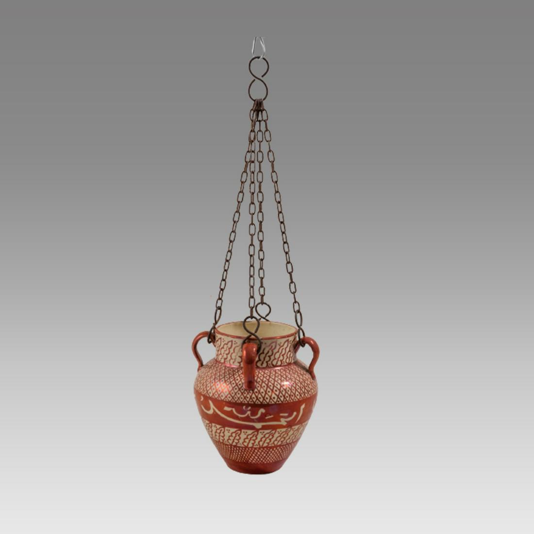 Antique Alhambra Spain Ceramic Mosque Lamp with Inscriptions.: Antique Alhambra Spain Ceramic Mosque Lamp with Inscriptions. Size of lamp 7 1/4 inches high + chains. Unusual Lusterware Mosque lamp with four handles and Iron chain for hanging.