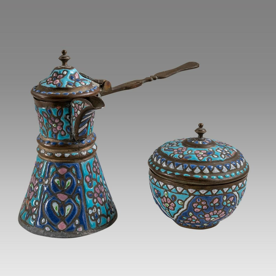 Lot of 2 19th century Syrian Enamel on Copper Pot/Bowl. (1 of 3)