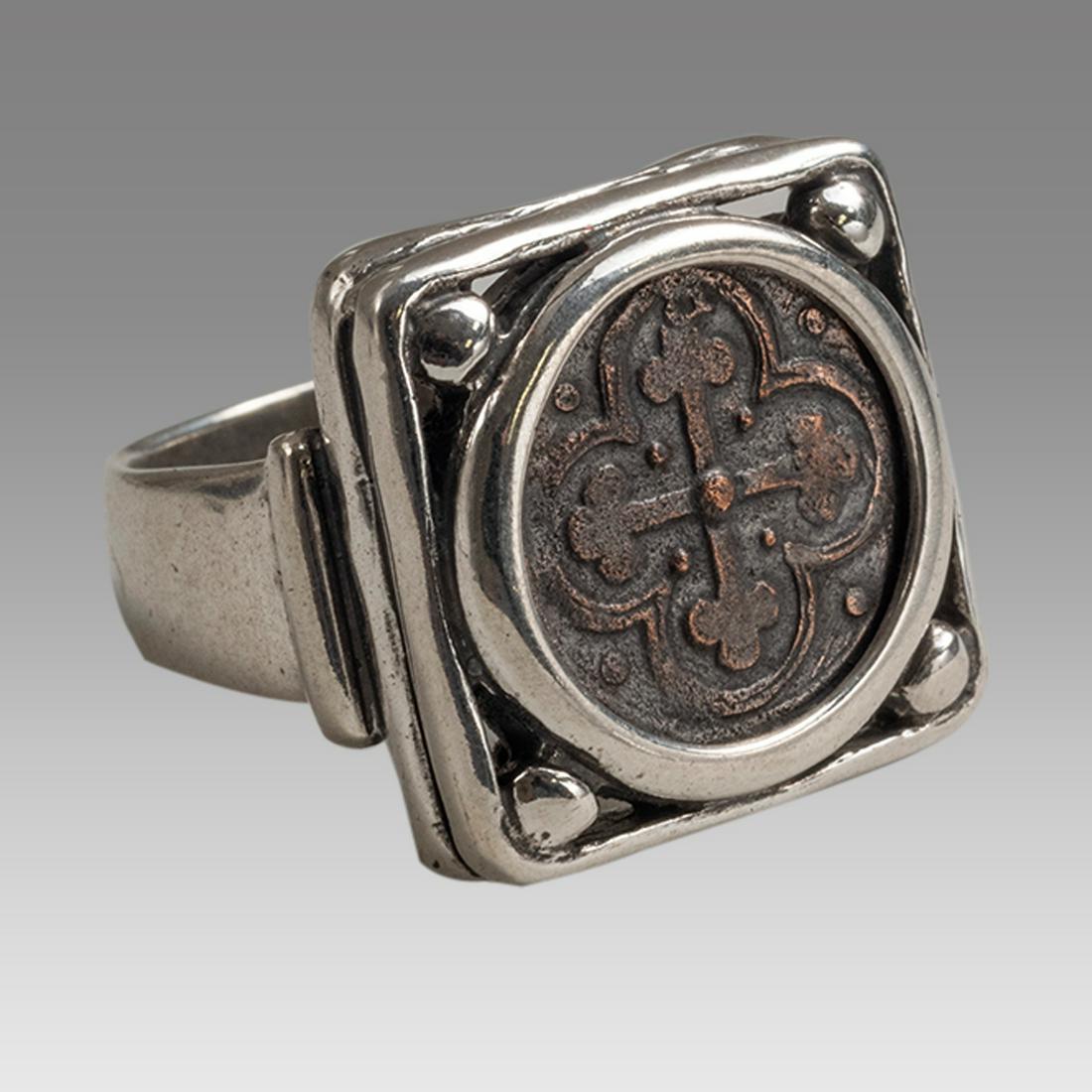 Antique Bronze coin Filiberto Duke Savoy set in Silver ring 1553-1580 CE. (1 of 2)