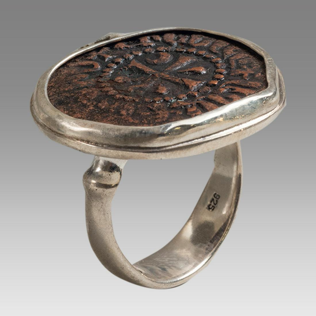 Medieval Armenia Bronze Coin With Cross set in Silver ring 1279-1289 CE. (1 of 2)