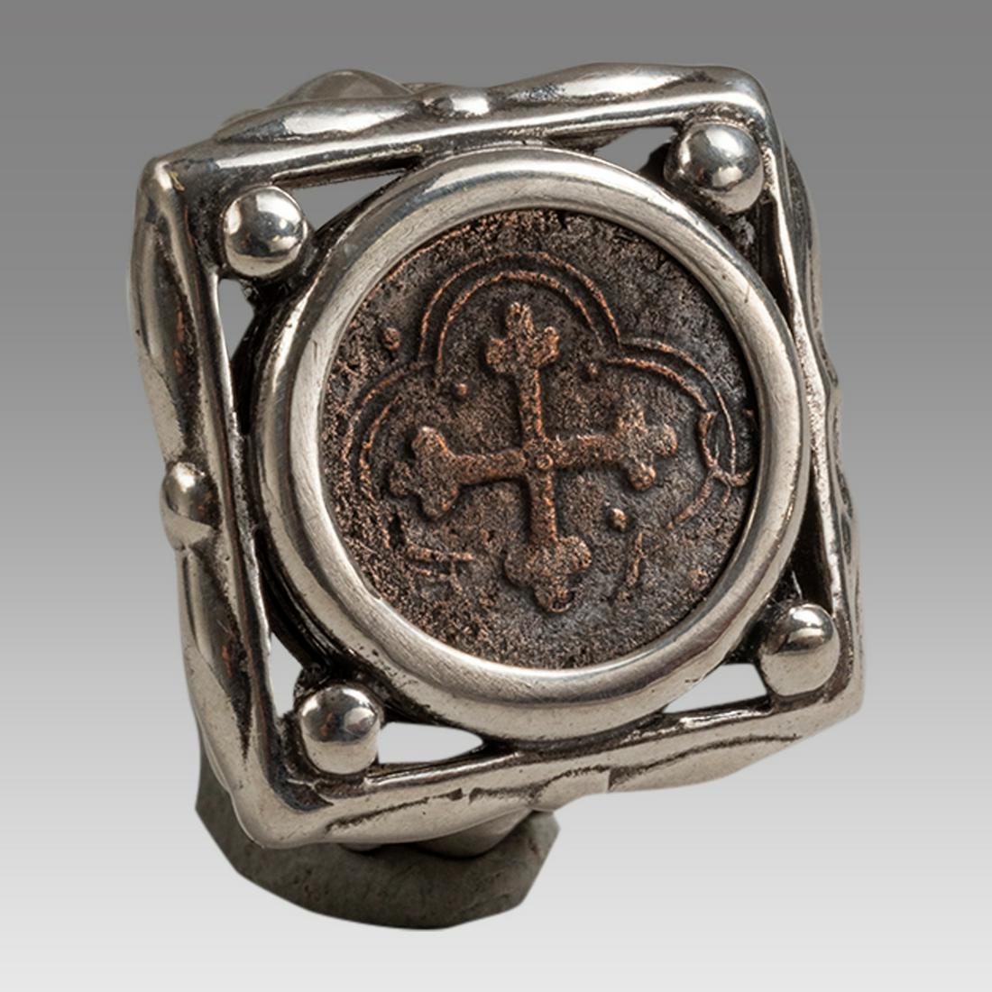 Antique Bronze coin Filiberto Duke Savoy set in Silver ring 1553-1580 CE. (1 of 2)