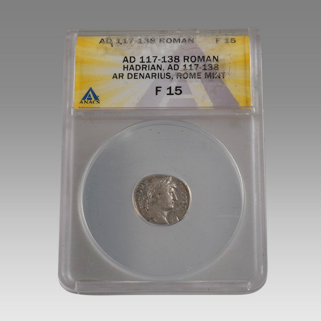 Ancient Roman Silver Denarius Hadrian 117-138 AD. ANACS Certified. F condition. (1 of 2)