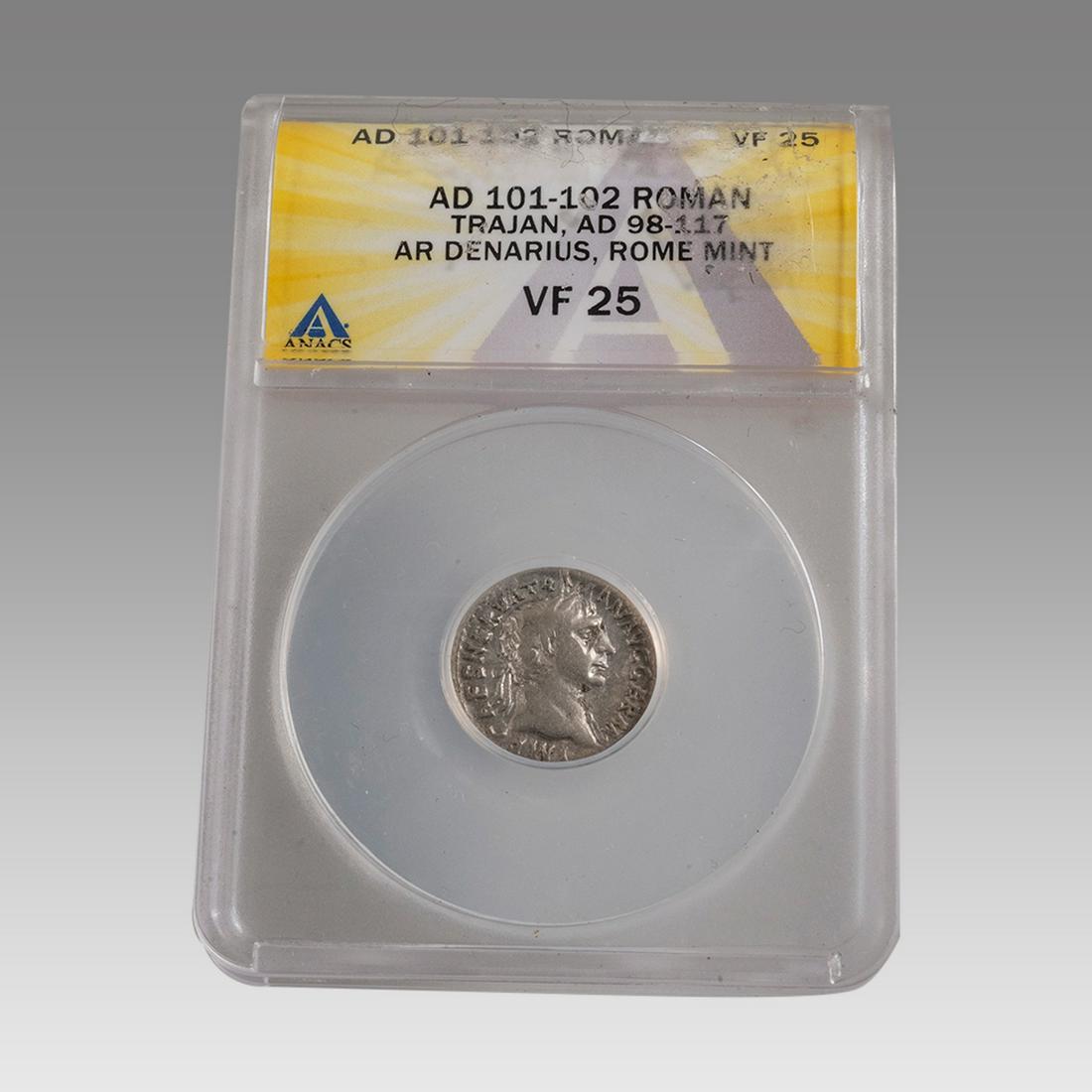 Ancient Roman Silver Denarius Trajan 101-102 AD. ANACS Certified. VF condition. (1 of 2)