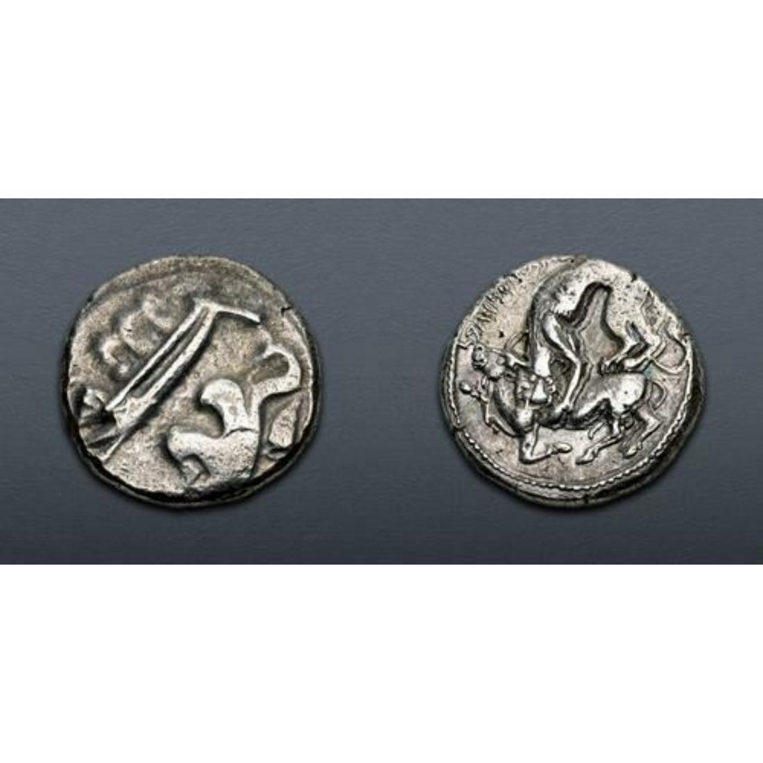 PHOENICIA, Byblos (Gebal). 'Ozba'al. Circa 400-365 BC. AR Shekel (24mm, 13.16 g, 2h).: PHOENICIA, Byblos (Gebal). 'Ozba'al. Circa 400-365 BC. AR Shekel (24mm, 13.16 g, 2h). Three hoplites on galley left above waves; below, hippocamp left above murex shell / Lion attacking bull left. E&E