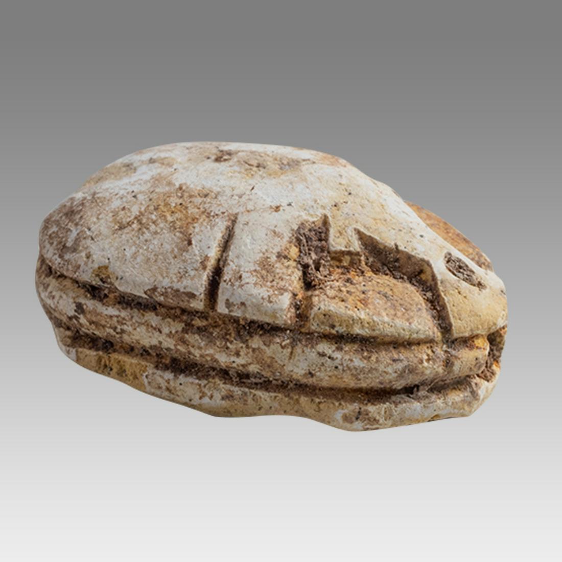 Ancient Egyptian Steatite stone Scarab c.1500-1100 BCE.: Ancient Egyptian Steatite stone Scarab c.1500-1100 BCE. Size 19 x 14 mm. Glazed steatite scarab New Kingdom with stealized beatle back. Provenance: Ex Secret Eyes Gallery New York 1970's-1980's.