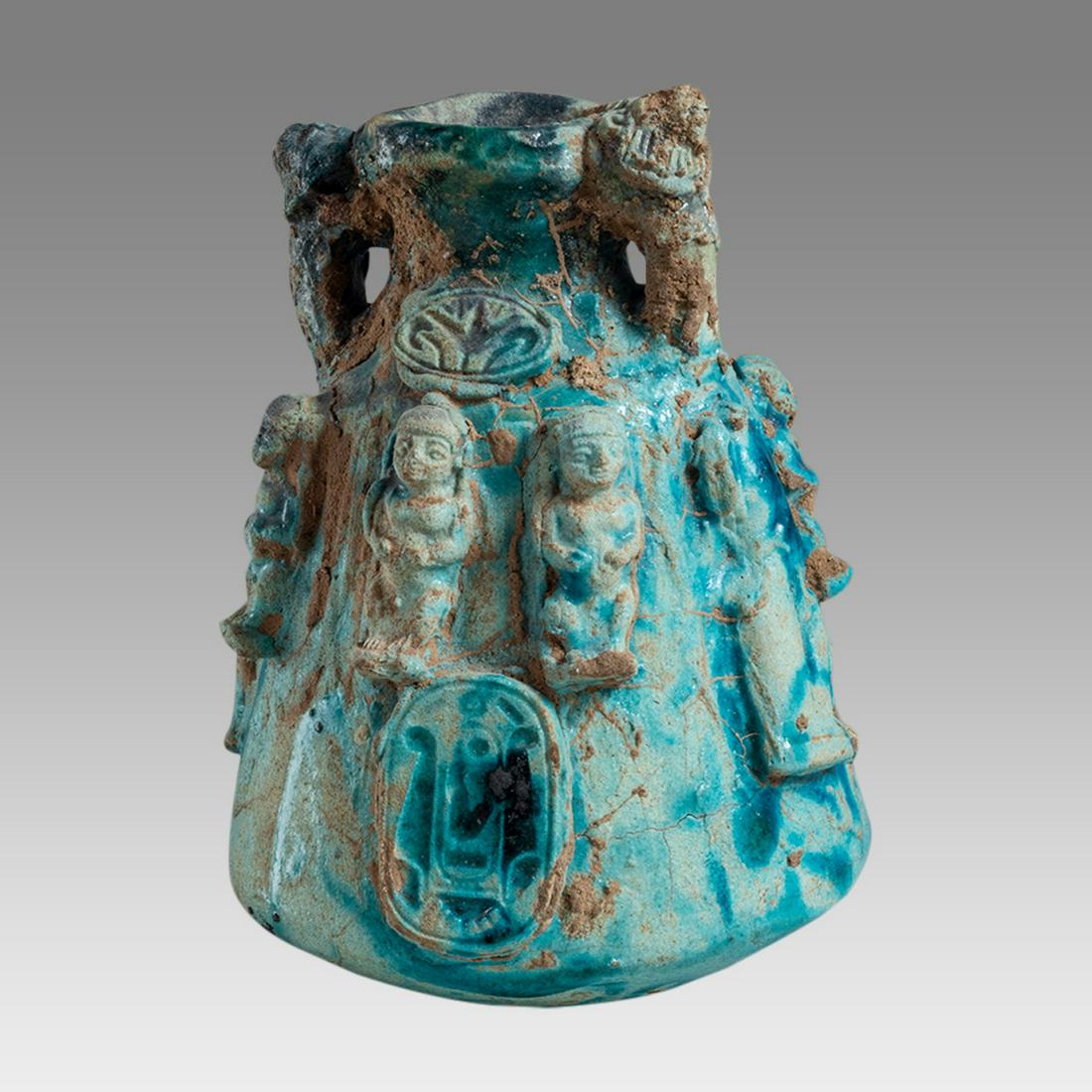 Egyptian Style Blue Faience Vessel with figures. (1 of 4)