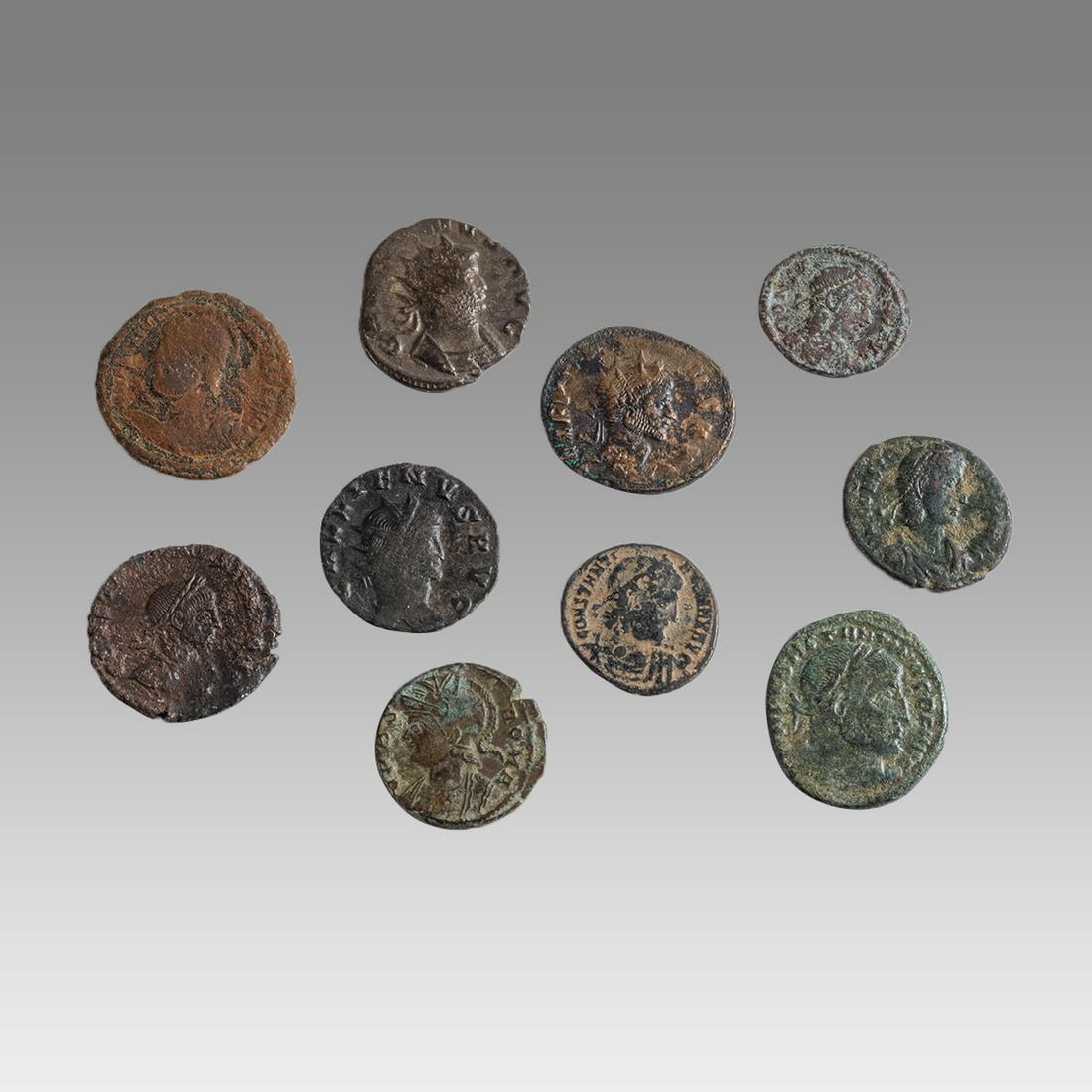 Lot of 10 Attributed Ancient Roman Bronze coins c.2nd-3rd century AD. (1 of 2)