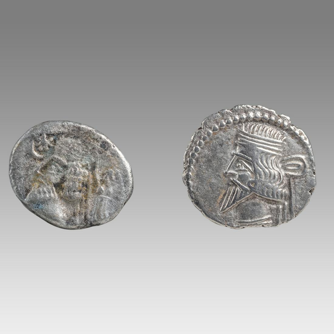 KINGS of PARTHIA. Phraates IV. / Vardanes I 38-2 BC. AR Drachms (2).: KINGS of PARTHIA. Phraates IV. / Vardanes I 38-2 BC. AR Drachms (2). Size 20-19 mm. Diademed bust left, wart on forehead; Nike flying left behind, crowning him crscent moon in left field/ Degraded leg