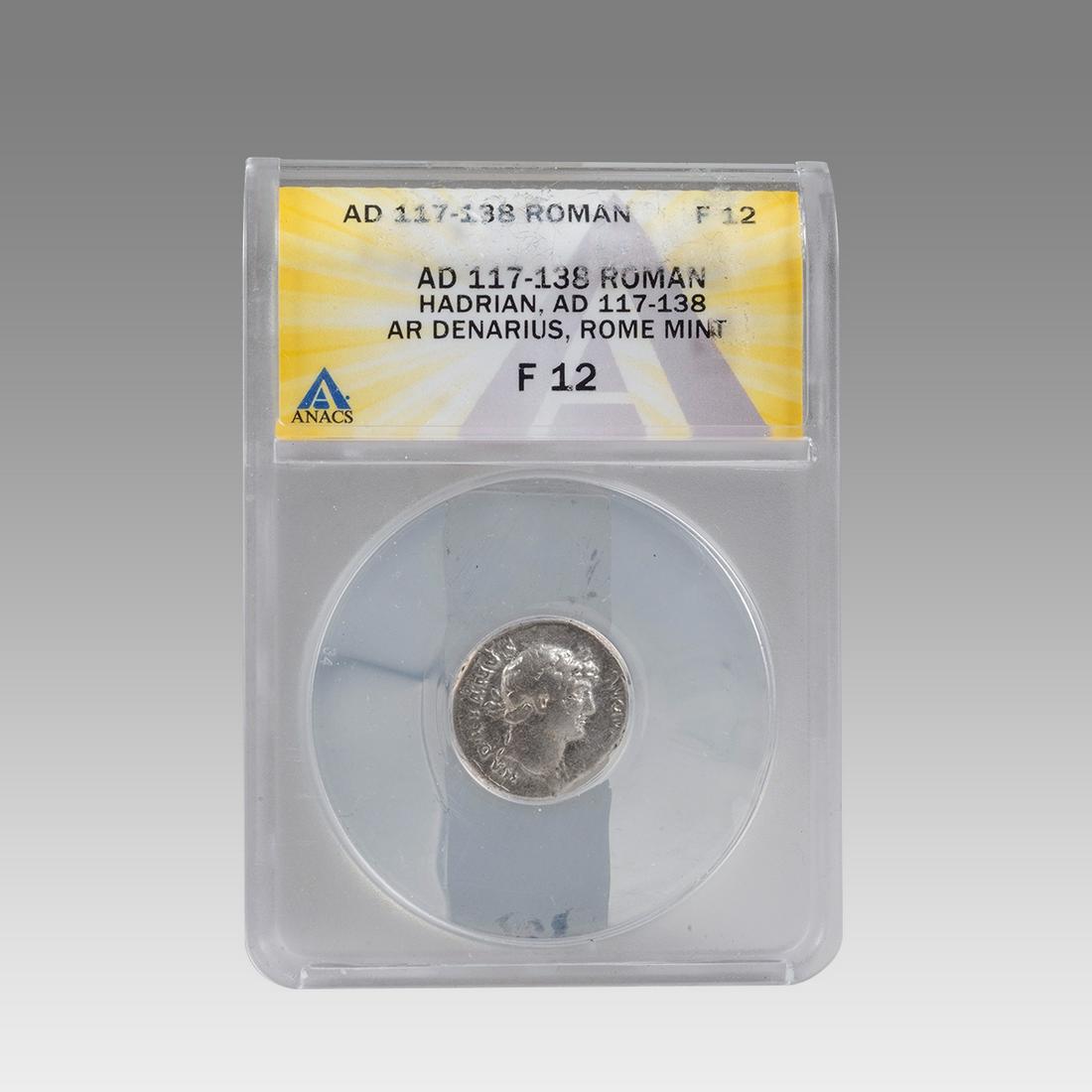 Ancient Roman Silver Denarius Hadrian 117-138 AD. ANACS Certified. F condition. (1 of 2)