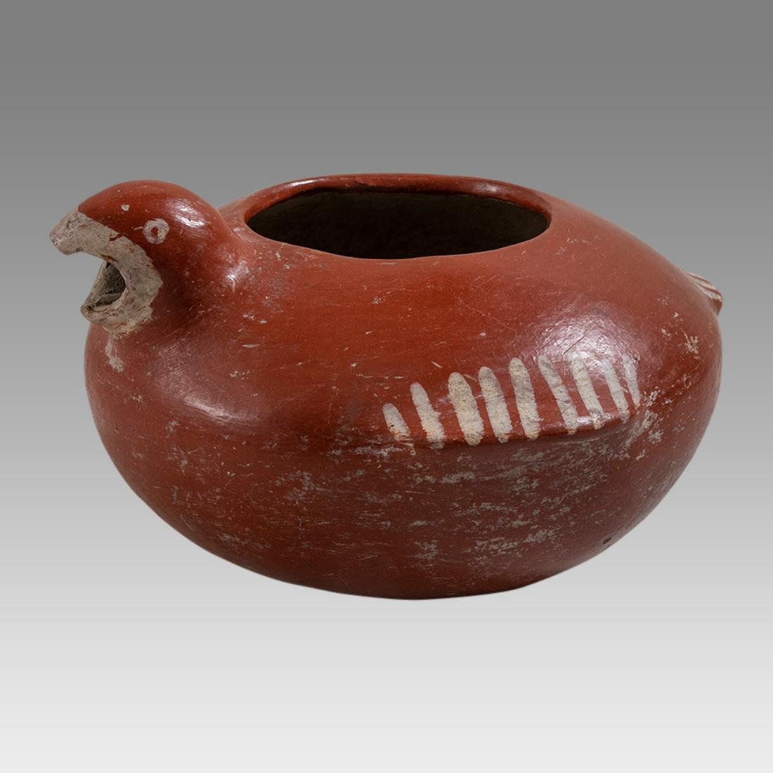 Ancient Pre-columbian Chupicuaro, Mexico Bird Bowl ca. 400-100 BC.: Ancient Pre-columbian Chupicuaro, Mexico Bird Bowl ca. 400-100 BC. Size 7 1/4 inches length, 4 1/2 inches high. Fine red pottery bowl with bird head spout. Provenance: EX: Seymour collection acquired 