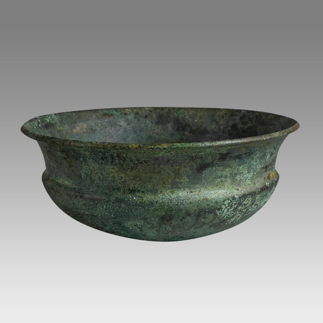 Ancient Near Eastern Luristan Bronze Phiale Bowl c.8th century BC.: Ancient Near Eastern Luristan Bronze Phiale Bowl c.8th century BC. Size 5 3/8 inches diameter x 2 1/8 inches high. Fine Ancient Near Eastern Luristan Bronze phiale bowl with flared rim. Fine patina. P