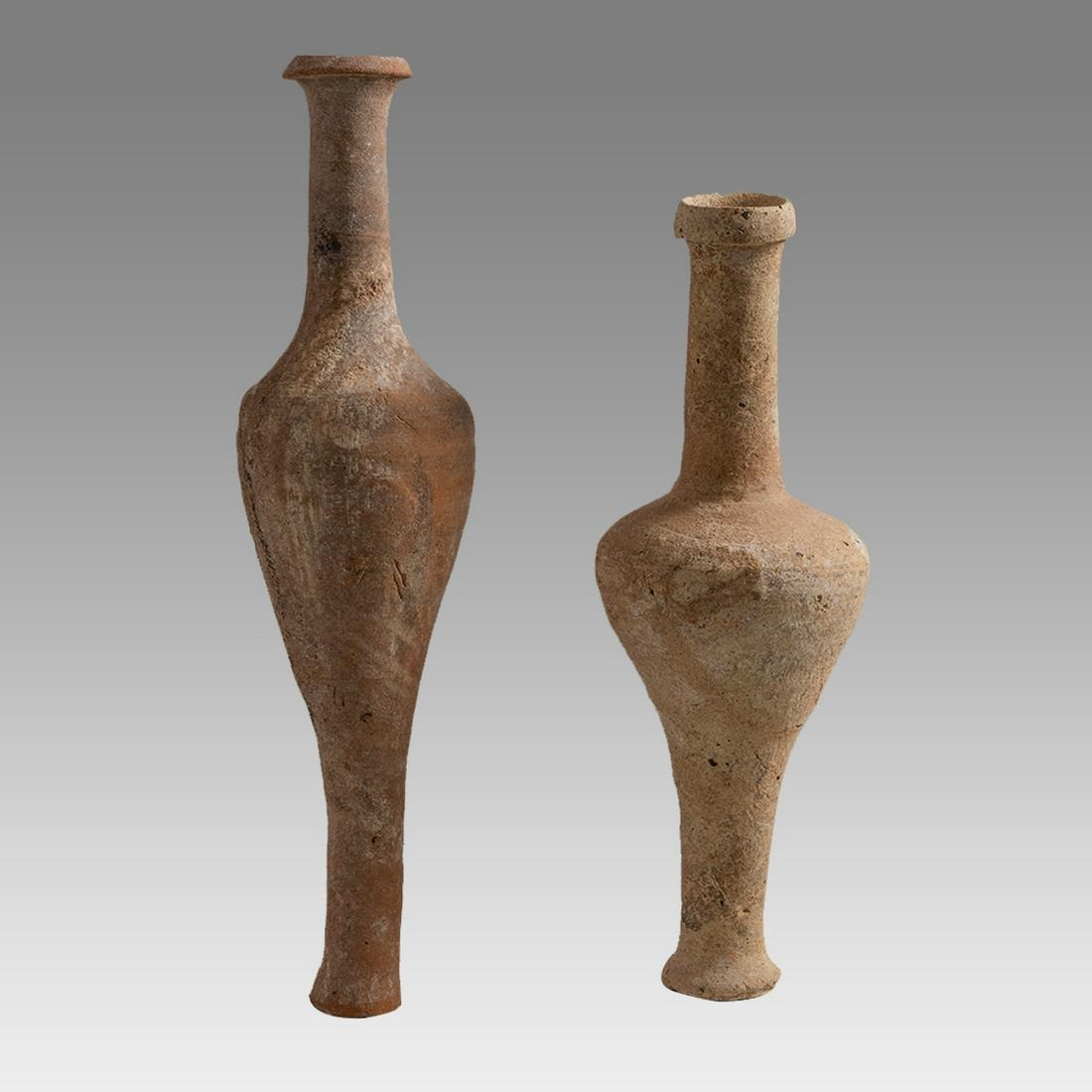 Lot of 2 Ancient Holy Land Roman Terracotta Spindle Bottles c.300 BC-100 AD (1 of 2)