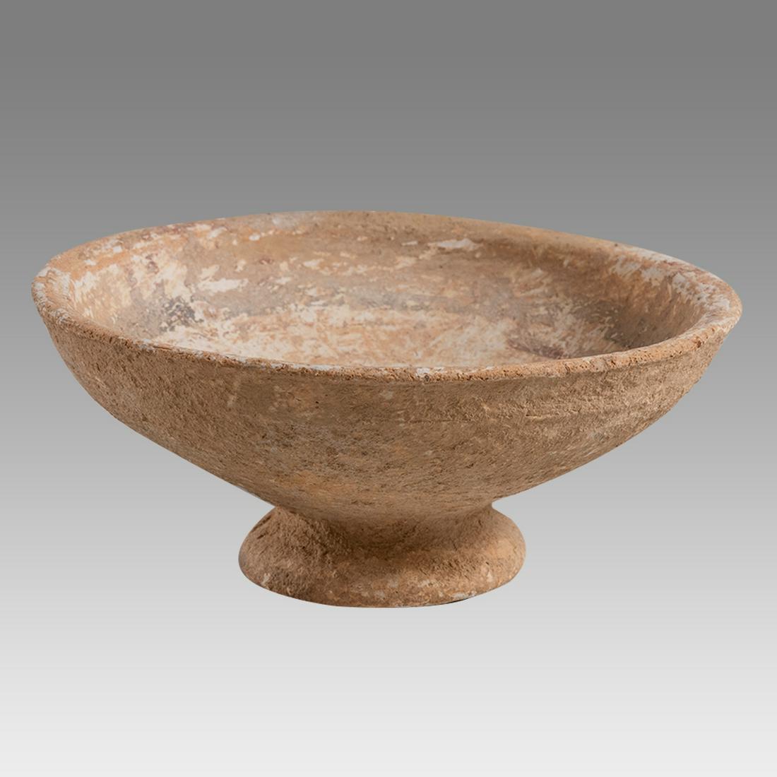 Ancient Holy Land Iron Age Terracotta Footed Bowl c.1400 BC.: Ancient Holy Land Iron Age Terracotta Footed Bowl c.1400 BC. Size 5 1/2 inches diameter, 2 3/8 inches high. Ancient Holy land Iron age footed Bowl. decorated with brown and white. Fine quality and con