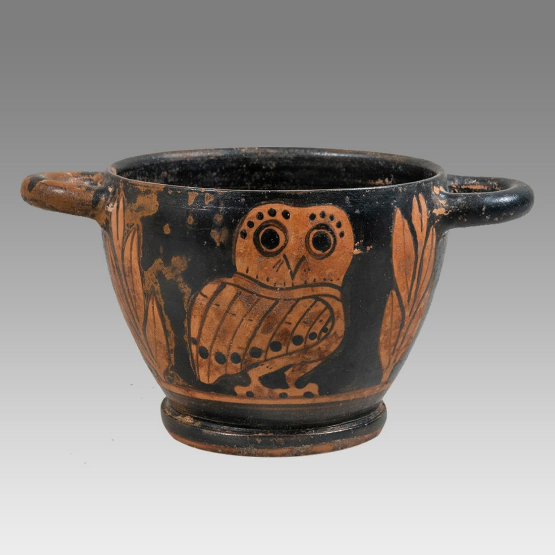 Apulian Style Pottery Owl Skyphos. (1 of 3)
