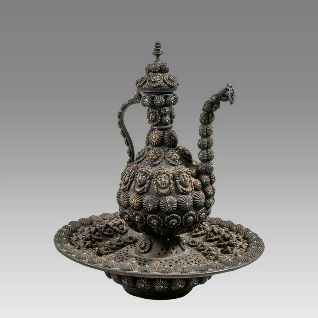 Middle Eastern Copper Ewer and Basin with turquoise beads. (1 of 3)