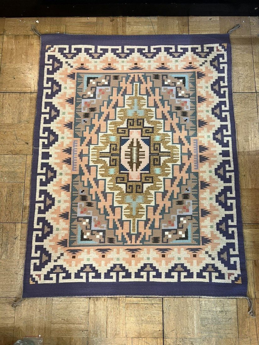 Navajo Rug. Geometric motif woven Crystal. in blue, beige, and cream. (1 of 3)