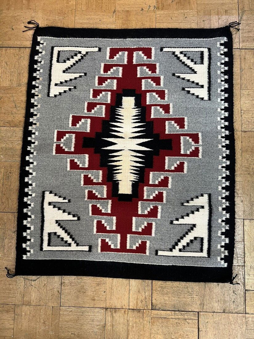 Navajo Rug. Geometric motif woven Klagatoh. in Black, Red, and cream. (1 of 3)