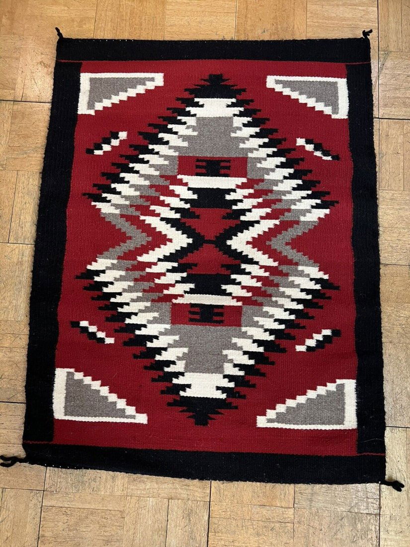 Navajo Rug. Geometric motif woven Eye Dazzler. in Black, Red, and cream. (1 of 3)