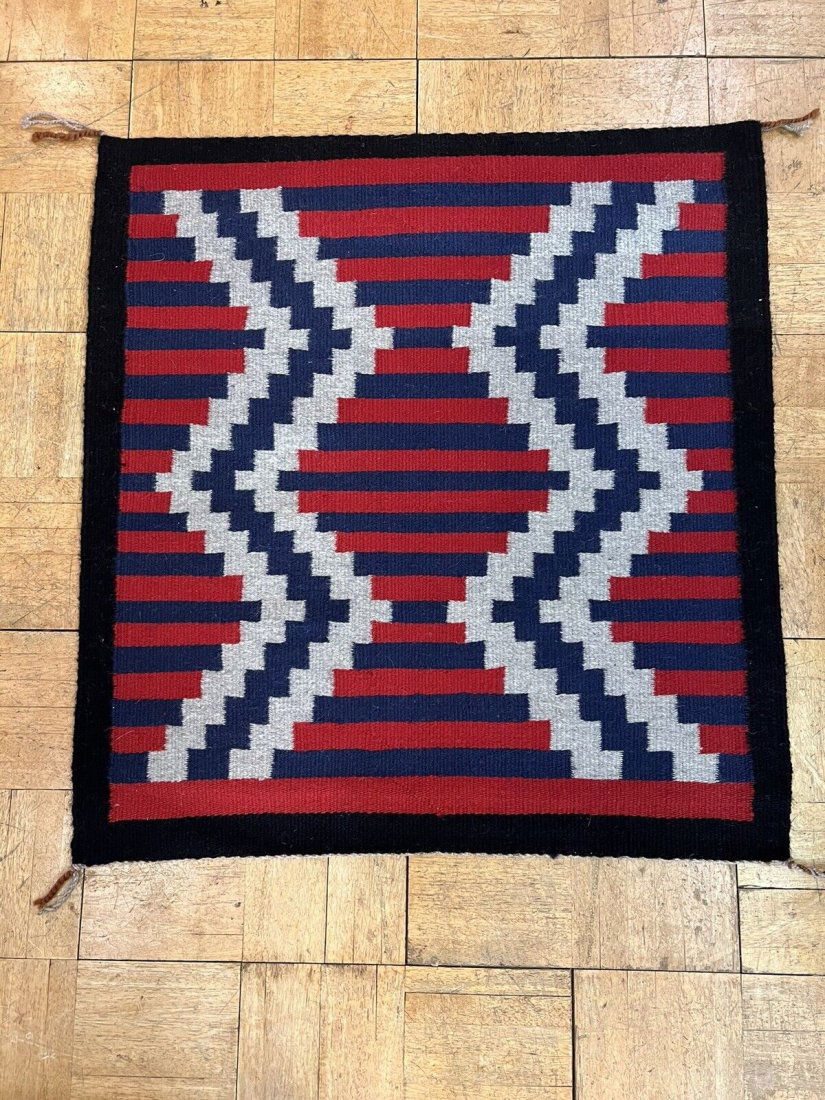 Navajo Rug. Geometric motif woven  Eye Dazzler.  in Black, Red, Navy and cream. (1 of 3)