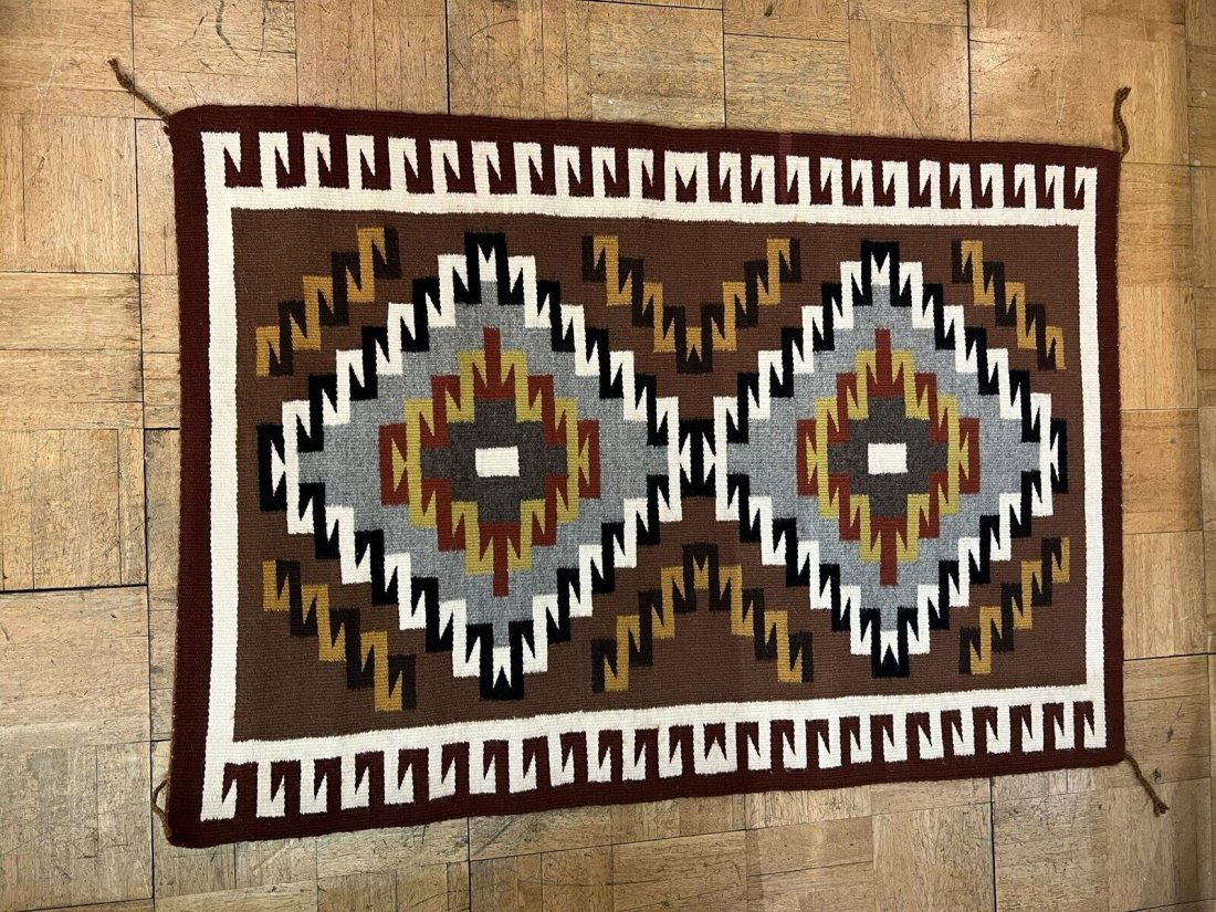 Navajo Rug. Geometric motif woven Two Grey Hills. in Black, Red, Gray and cream. (1 of 3)