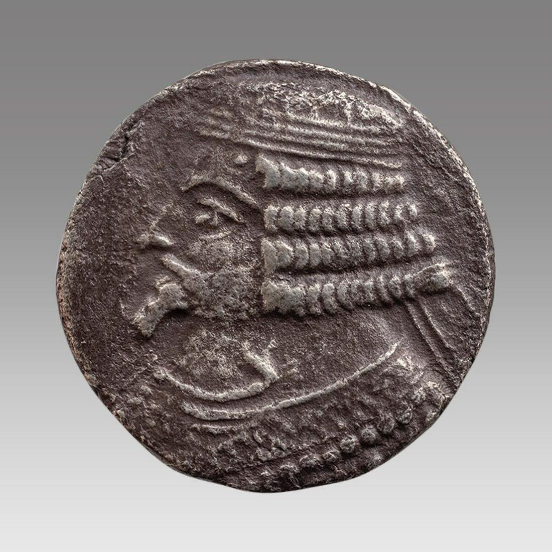 KINGS of PARTHIA. Phraates IV. Circa 38-2 BC. AR Tetradrachm: KINGS of PARTHIA. Phraates IV. Circa 38-2 BC. AR Tetradrachm (26mm, 11.13 g, 12h). Seleukeia on the Tigris mint. Uncertain date. Diademed bust left, wart on forehead / Phraates seated right, receiving