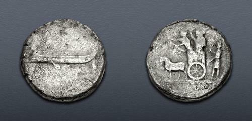 PHOENICIA, Sidon. Uncertain king. Circa 401-333 BC. AR Dishekel (28mm, 25.02 g,: PHOENICIA, Sidon. Uncertain king. Circa 401-333 BC. AR Dishekel (28mm, 25.02 g, 12h). Phoenician galley left; [control mark above(?), waves below] / Persian king and driver in chariot left; behind, ki
