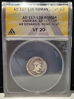 Ancient Roman Silver Denarius Hadrian 117-138 AD. ANACS Certified. VF condition. (1 of 2)