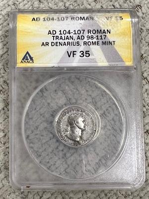 Ancient Roman Silver Denarius Trajan 104-107 AD. ANACS Certified. VF condition. (1 of 2)
