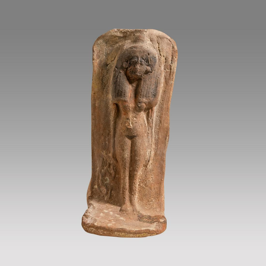 Ancient Egyptian Pottery Ritual Prostitute c.700-30 BC.: Ancient Egyptian Pottery Ritual Prostitute c.700-30 BC. Size 7 3/4 inches high (standing). Rare Pottery Ritual Prostitute laying on a Bed nude with details of painted hair. a small kneeling figure in