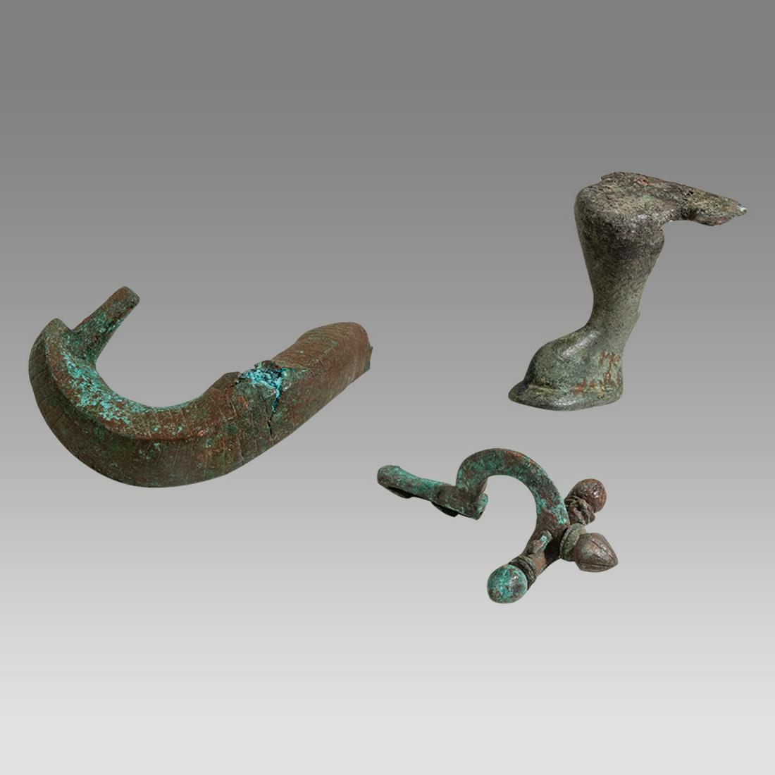 Lot of 3 Ancient Roman Egypt Bronze Foot, Bull Horn and Fibula c.300-50 BC. (1 of 2)