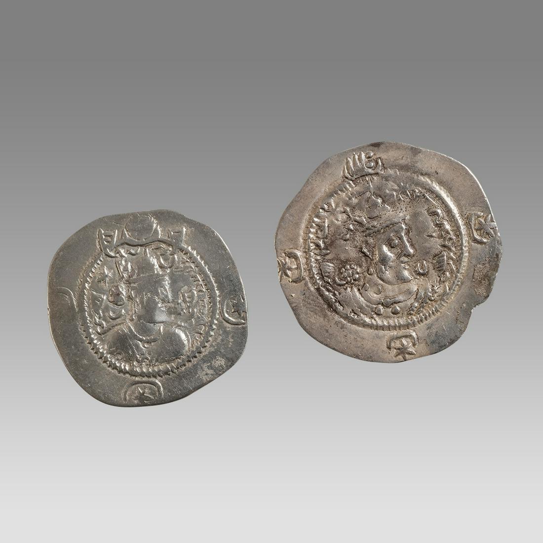 Lot of 2 Sasanian Empire. Khusro II. Silver Drachms 505 AD (2): Lot of 2 Sasanian Empire. Khusro II. Silver Drachms 505 AD (2) Size 28/31 mm. weight 3.82 - 4.04 grams. VF. Crowned and cuirassed bust right / Fire altar flanked by attendants; four crescents around. 