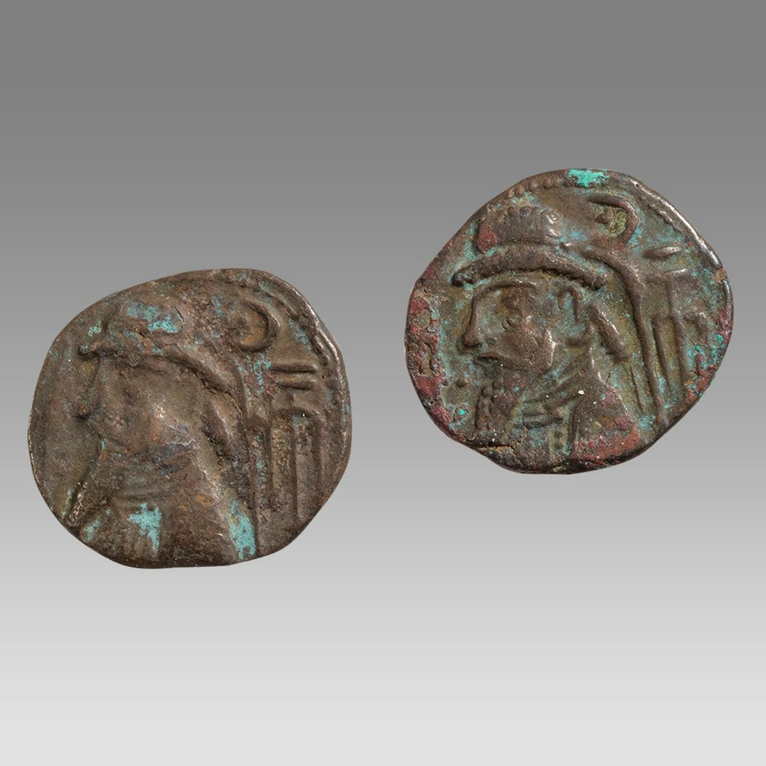 Lot of 2 Elymais, Kamnaskires V, Tetradrachm, 54/3-33/2 BC.: Lot of 2 Elymais, Kamnaskires V, Tetradrachm, 54/3-33/2 BC. Size 29-30 mm. Seleukeia on the Hedyphon mint. Uncertain date. Diademed and draped bust left, wearing long beard and torque; to right, star 