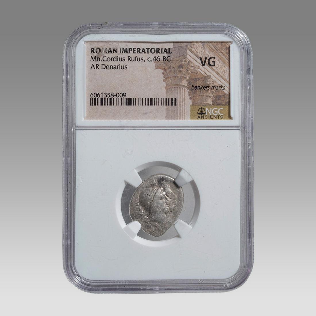 Ancient Roman Republic Silver Denarius Mn. Cordius Rufus c.46 BC. (1 of 2)