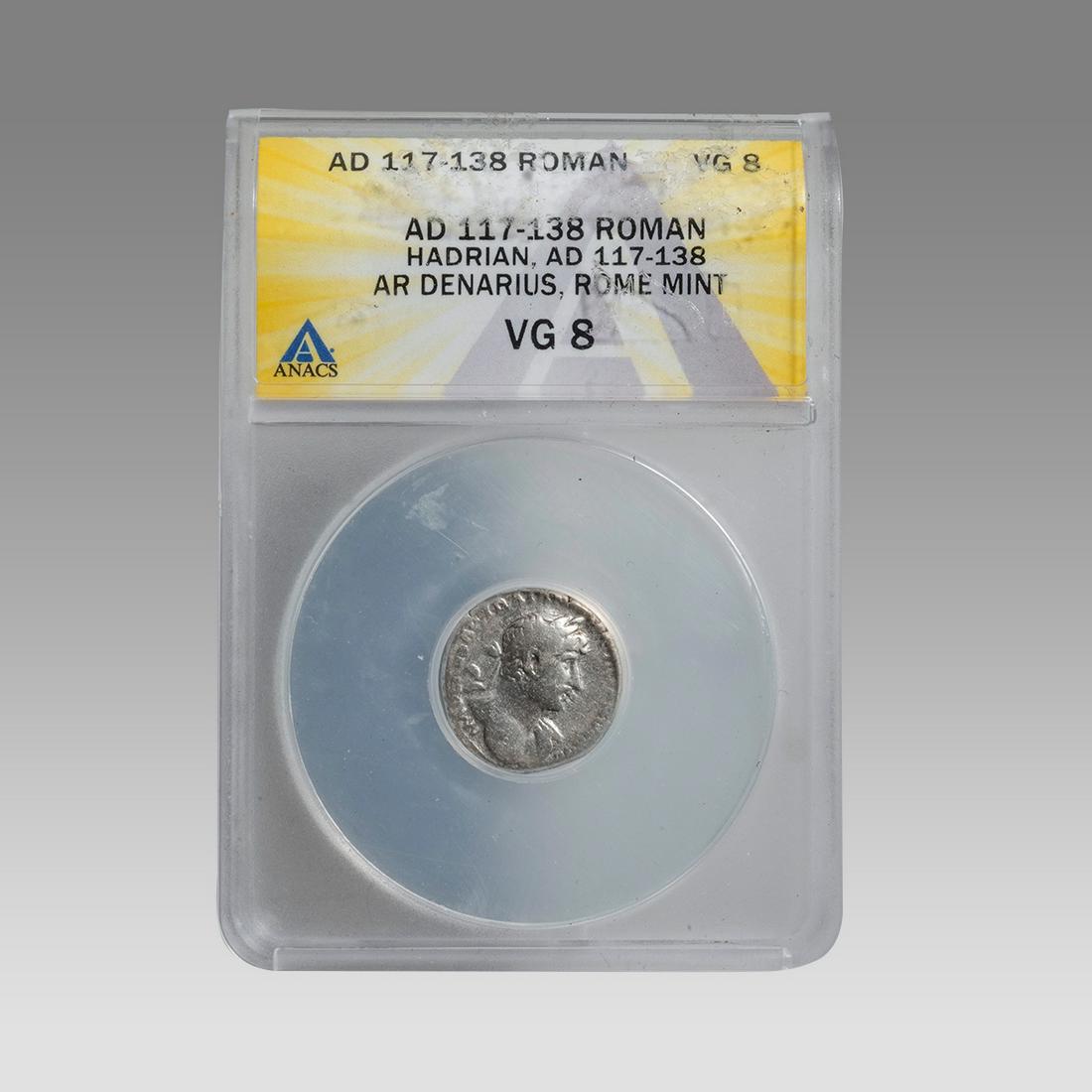 Ancient Roman Silver Denarius Hadrian 117-138 AD. ANACS Certified. (1 of 2)