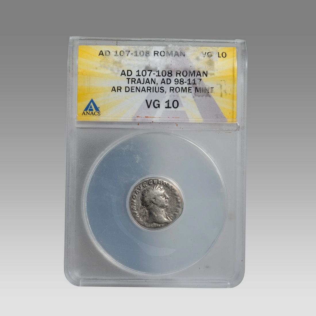 Ancient Roman Silver Denarius Trajan 104-107 AD. ANACS Certified. (1 of 2)