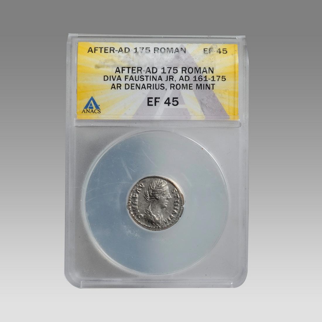 Ancient Roman Silver Denarius Faustina JR 176 AD. ANACS Certified. (1 of 2)