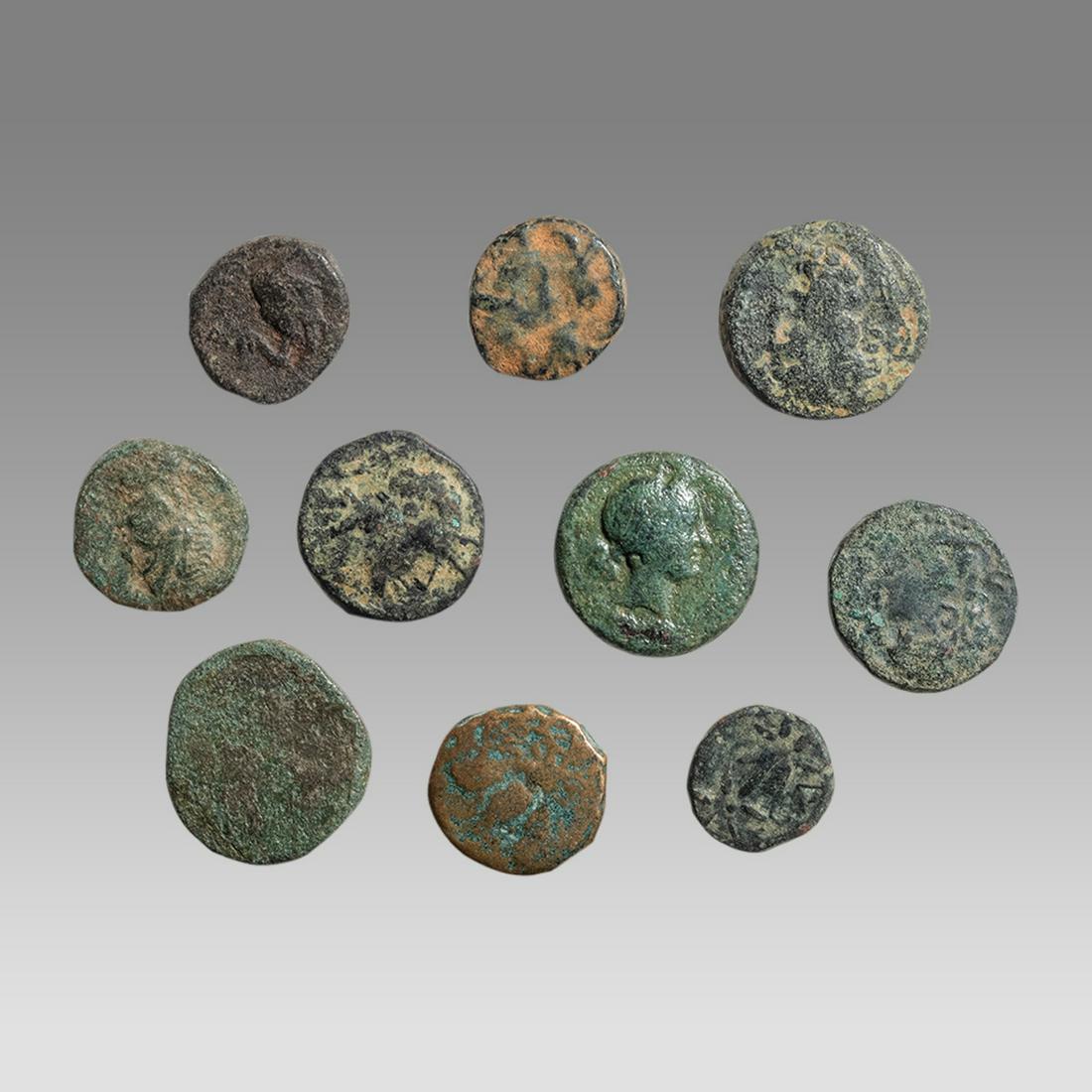 Lot of 10 Uncleaned Ancient Greek Bronze Coins c.2nd century BC. (1 of 2)