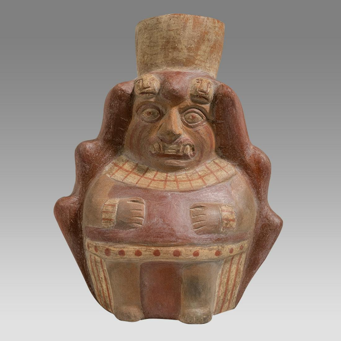 Ancient Pre-Columbian Moche Figural Bottle Depicting Ai-Apec c.400-700 AD. (1 of 3)