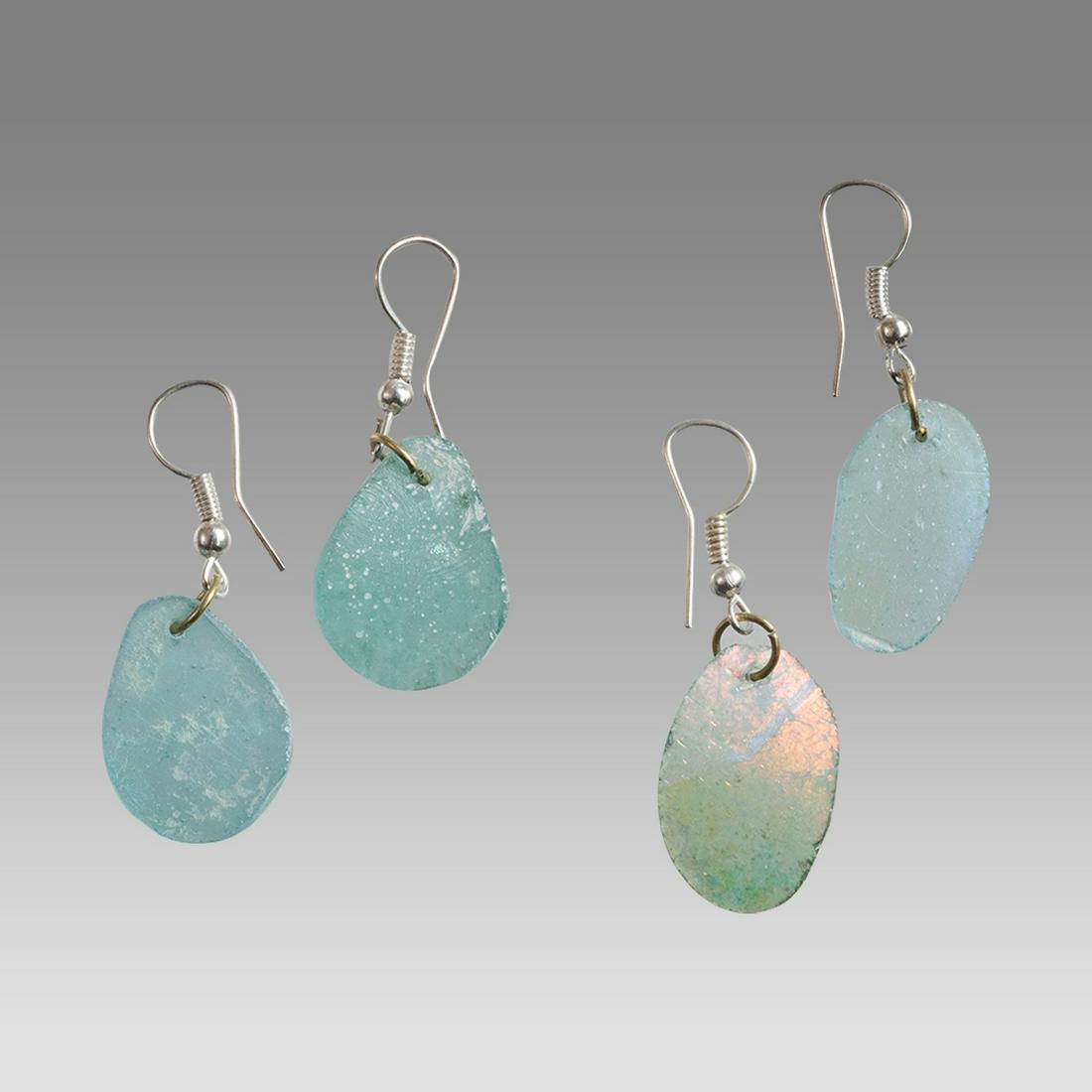 Lot of 2 Ancient Roman Glass Fragment set in silver earrings. (1 of 1)