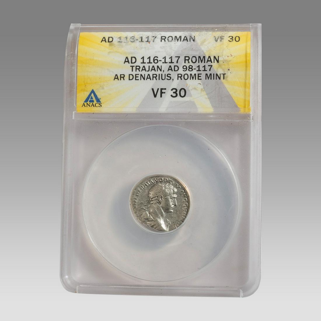 Ancient Roman Silver Denarius Trajan 104-107 AD. ANACS Certified. VF 30 condition. (1 of 2)