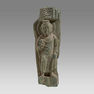 Ancient Stone Gandhara Stone Buddha c.2nd century AD.: Ancient Stone Gandhara Stone Buddha c.2nd century AD. Size 6 3/4 inches high. Schist Stone Standing Buddha. Condition:ancient ware and losses. Provenance: from the estate of Robert Thompson of Philade