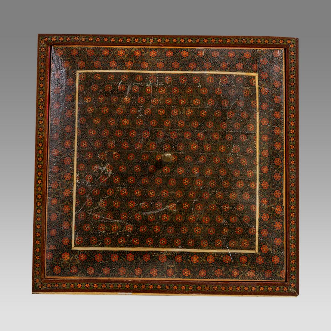 Islamic Persian Khatam Jewlery Box c.19th century AD.: Islamic Persian Khatam Jewlery Box c.19th century AD. Size 9 x 9 inches, 1 3/4 inch high. Fine Khatam inlay wooden jewlery box with lid. Ex Private NYC Collection